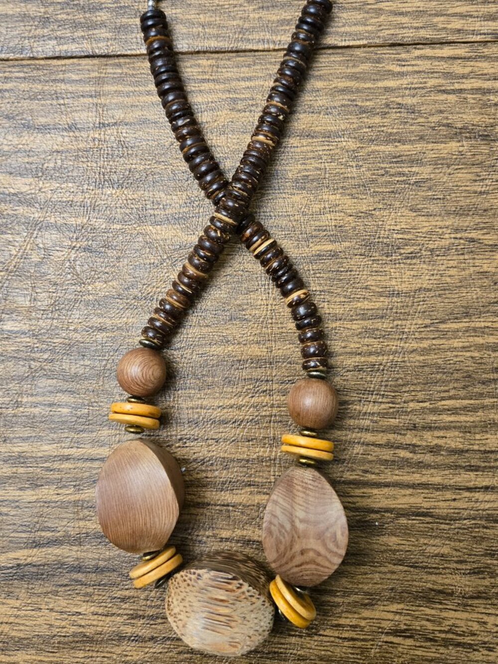 Women's Ethnic Statement Necklace with Multi Wood Designs -Brown/Gold/Tan - NWOT